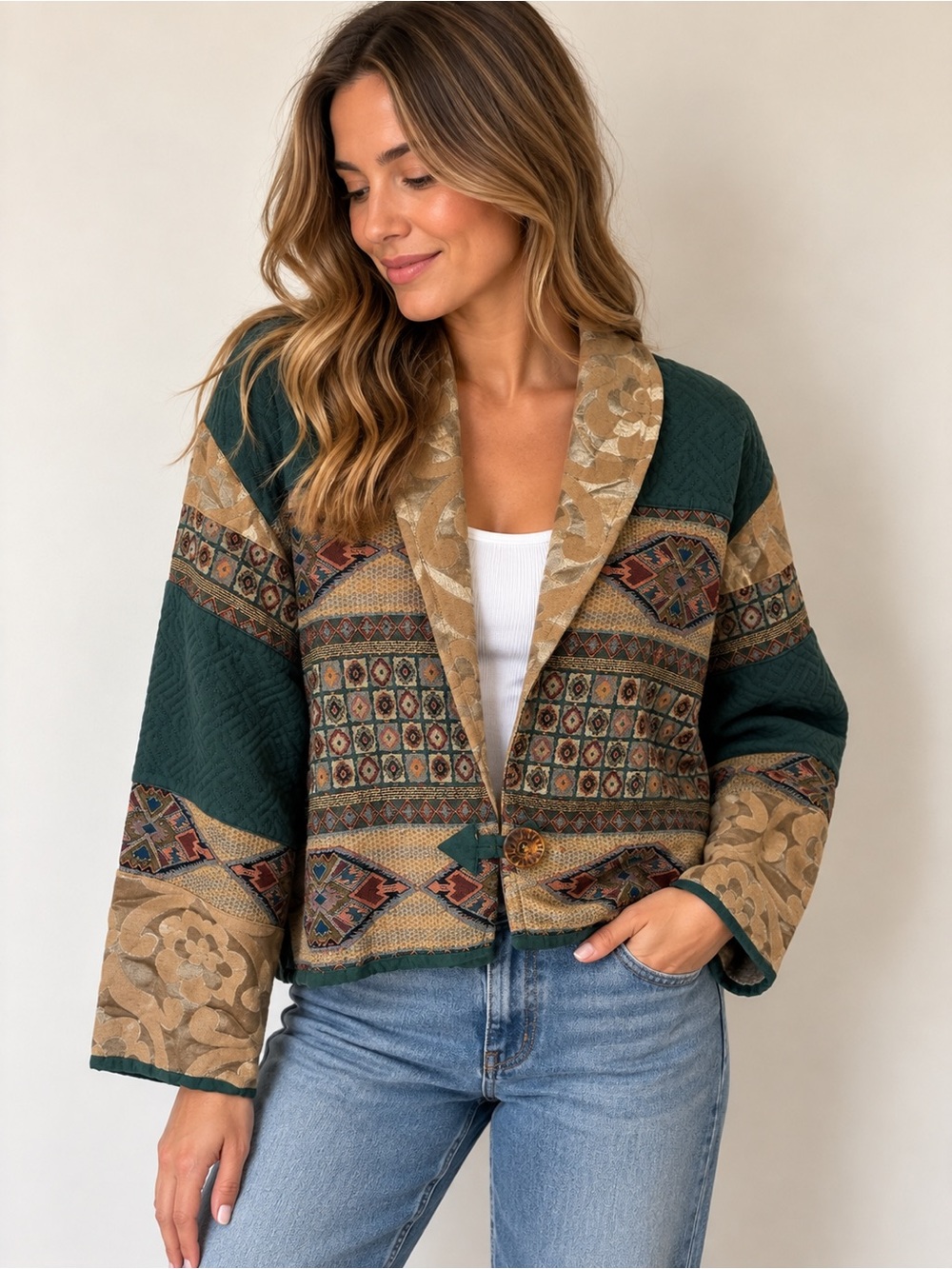 Vintage 90s Flashback Patchwork Tapestry Cropped Jacket Women’s M